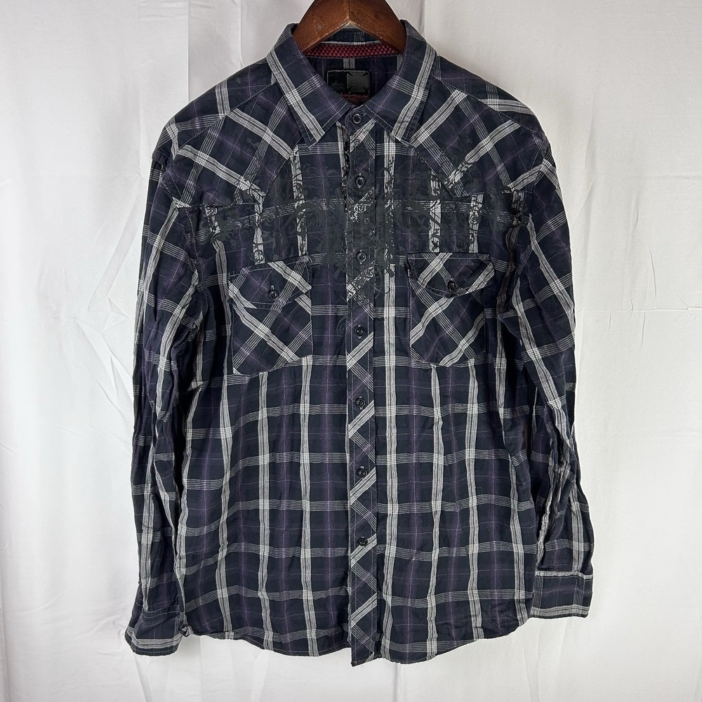 Point Zero Men's Large Long Sleeve Button Up Shirt Purple Black Y2K